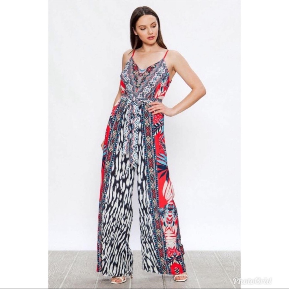 Flying Tomato Red and Blue Patterned Jumpsuit